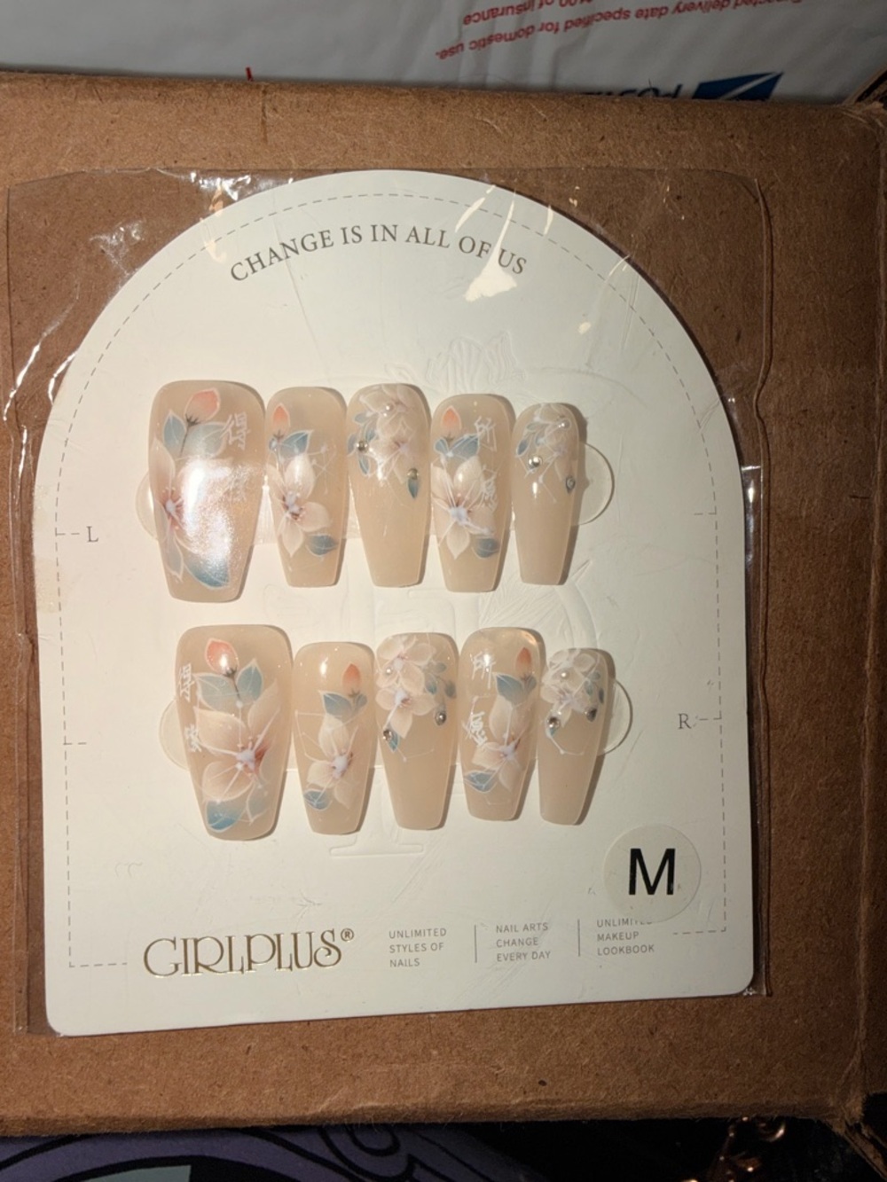 GIRLPLUS Nude Floral Press-On Nails with Blue & Blush Accents